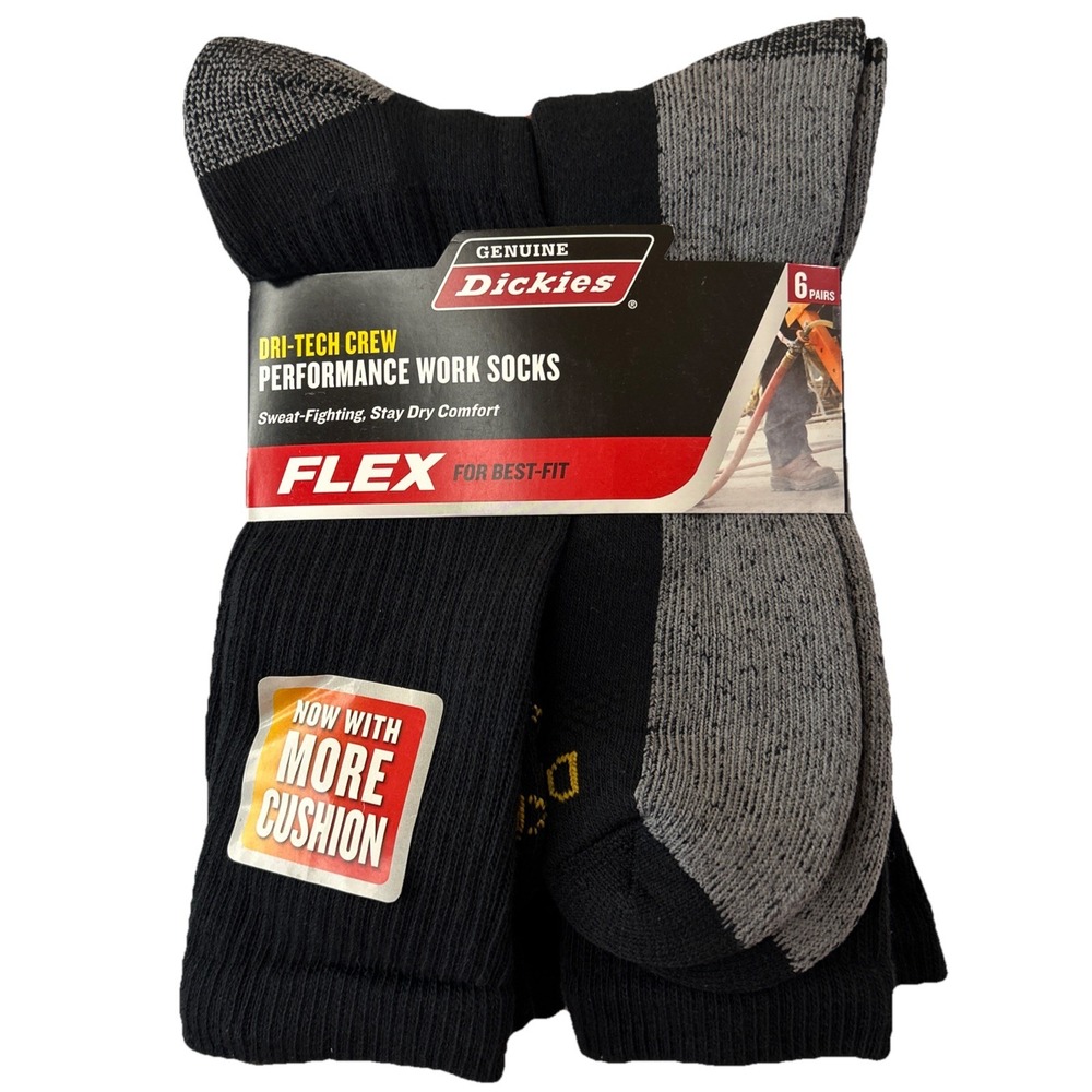 Dickies Size 12-15 Mens Comfort Crew Work Socks 6 Pairs‎ Black Arch Compression